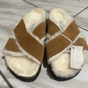 Papillio Brown Shearling Cross-Strap Slippers